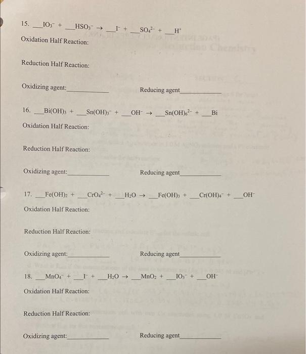 Solved 15. IO3−+HSO3−→F−+SO42−+H+ Oxidation Half Reaction: | Chegg.com