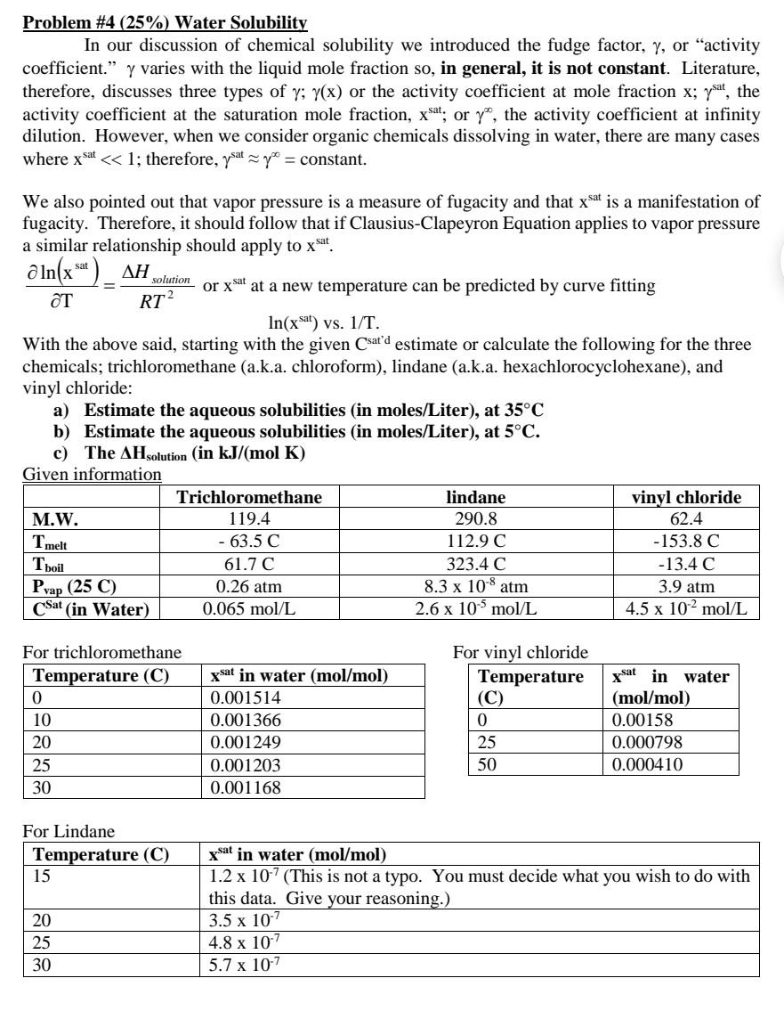 Solved Problem \#4 (25\%) Water Solubility In our discussion | Chegg.com