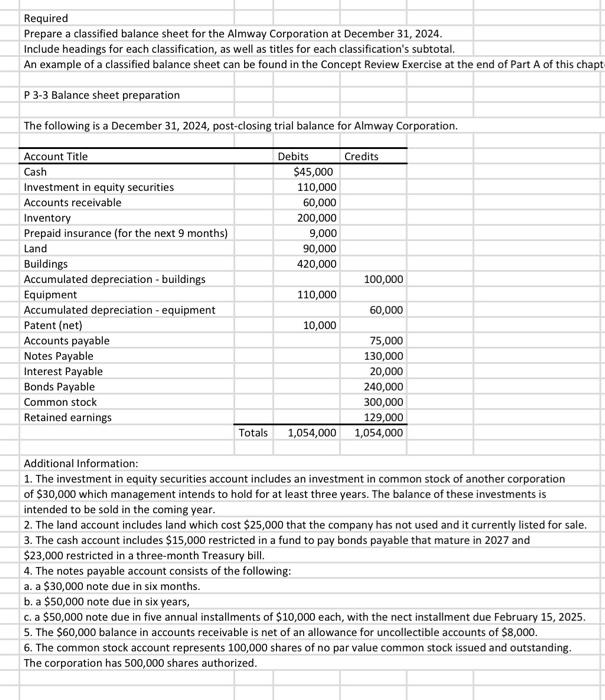 Solved Required Prepare a classified balance sheet for the | Chegg.com