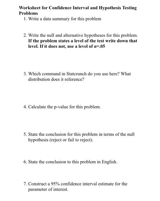 Worksheet for Confidence Interval and Hypothesis | Chegg.com