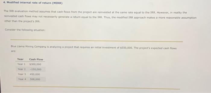 Solved 4. Modified internal rate of return (MIRR) The IRR | Chegg.com