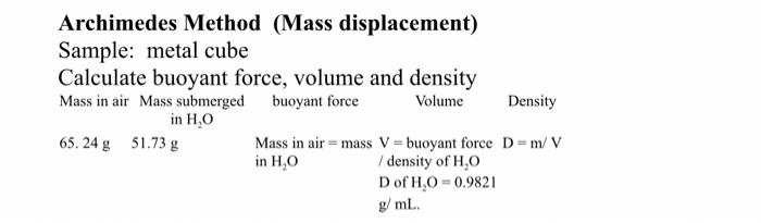 Archimedes Method (Mass displacement)
Sample: metal cube
Calculate buoyant force, volume and density
Mass in air Mass submerg