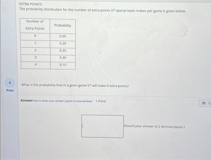Solved Prev EXTRA POINTS The probability distribution for | Chegg.com
