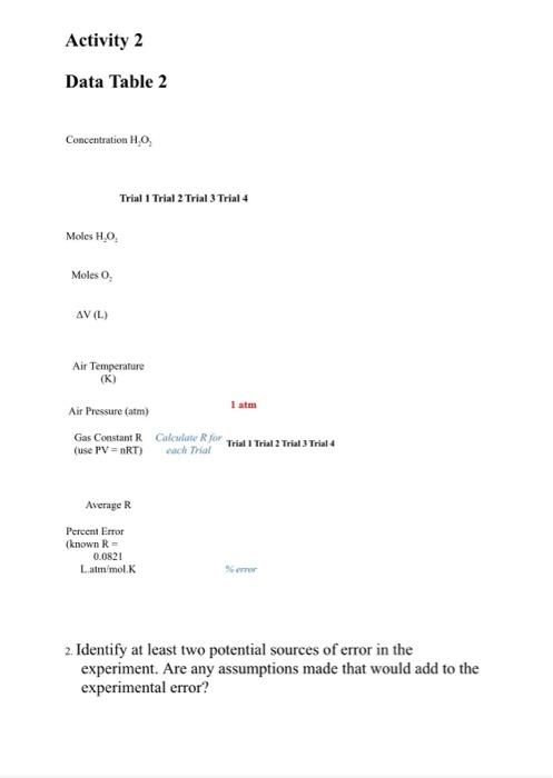 Solved Activity 2 Data Table 2 Concentration H.O. Trial 1 | Chegg.com
