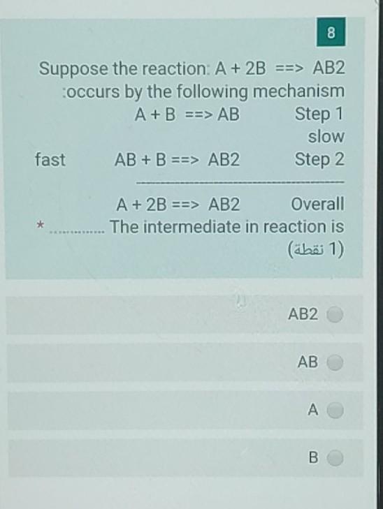 Solved 00 Suppose The Reaction: A + 2B ==> AB2 Occurs By The | Chegg.com