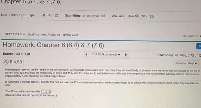 Solved Chapter 6 (0.4) & (7.6) Due Friday by 11:59pm Points | Chegg.com