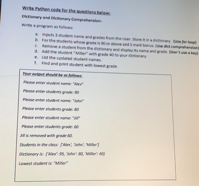 Solved Write Python code for the questions below: Dlctlonary | Chegg.com