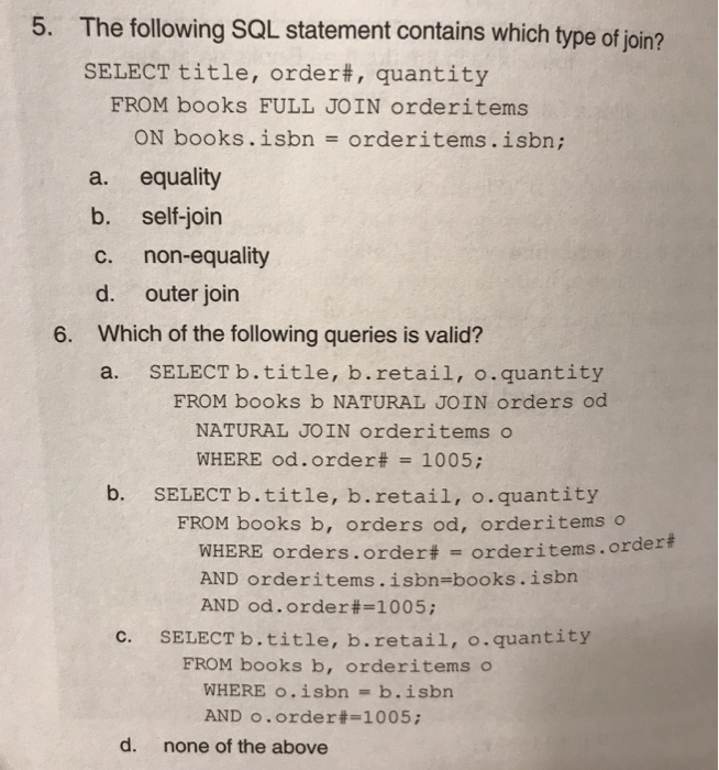 Solved 5. The following SQL statement contains which type of | Chegg.com
