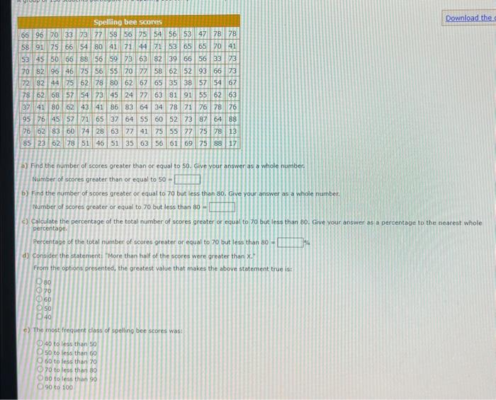 Solved A) Find The Number Of Scores Greater Than Or Equal To | Chegg.com