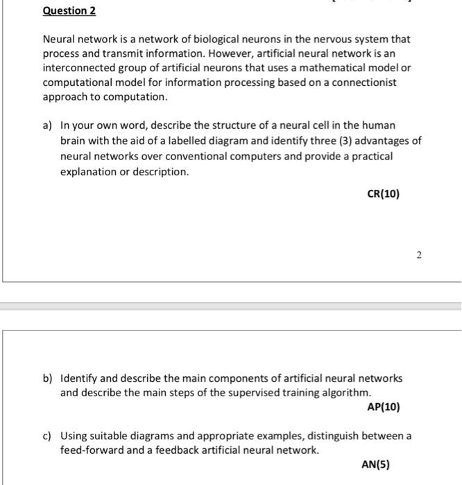 Solved Question 2 Neural network is a network of biological | Chegg.com