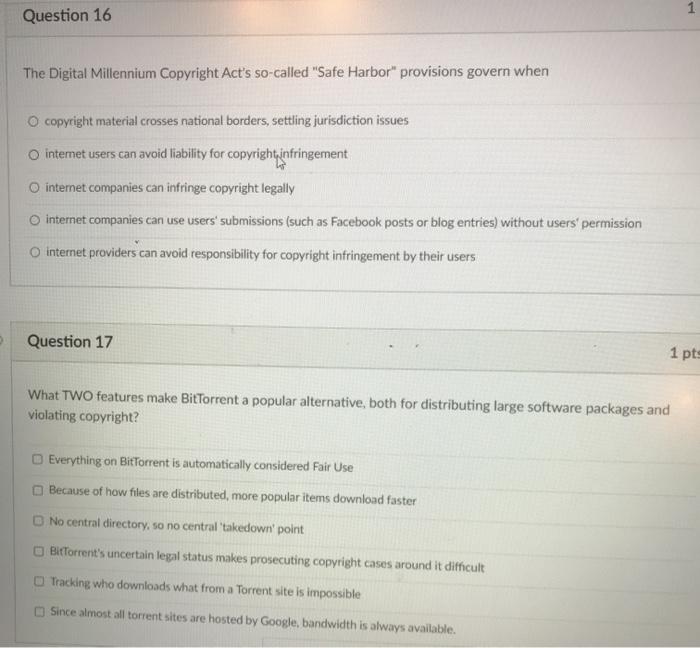 Solved 1 Question 16 The Digital Millennium Copyright Act&rsquo;s 
