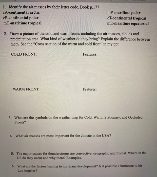 Solved 1. Identify the air masses by their letter code. Book