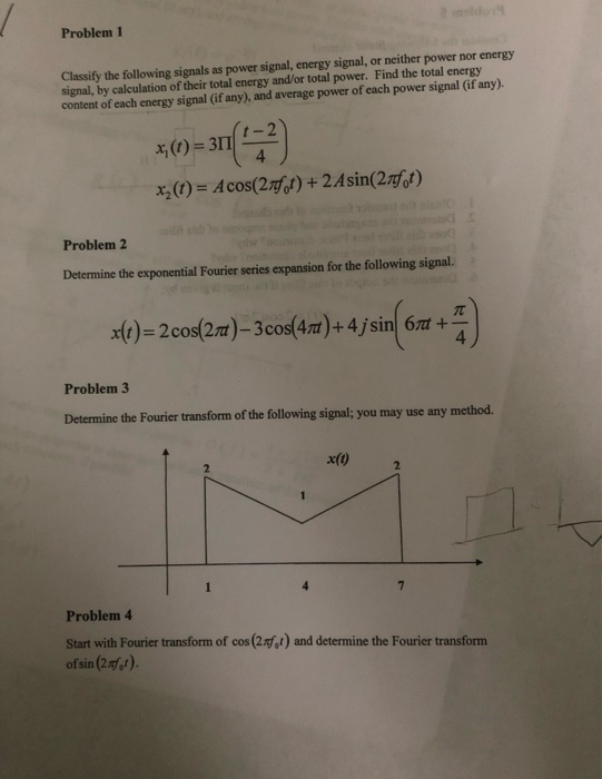 Solved Problem 1 Classify the following signals as power | Chegg.com