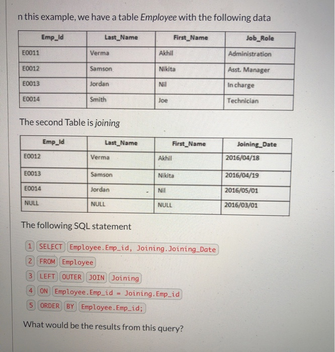 Solved In this example, we have a table Employee with the | Chegg.com