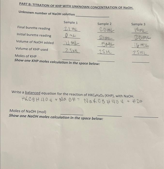Solved PART B: TITRATION OF KHP WITH UNKNOWN CONCENTRATION | Chegg.com