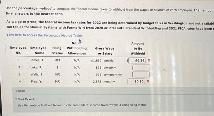 Solved Use the percentage method to compute the federal | Chegg.com