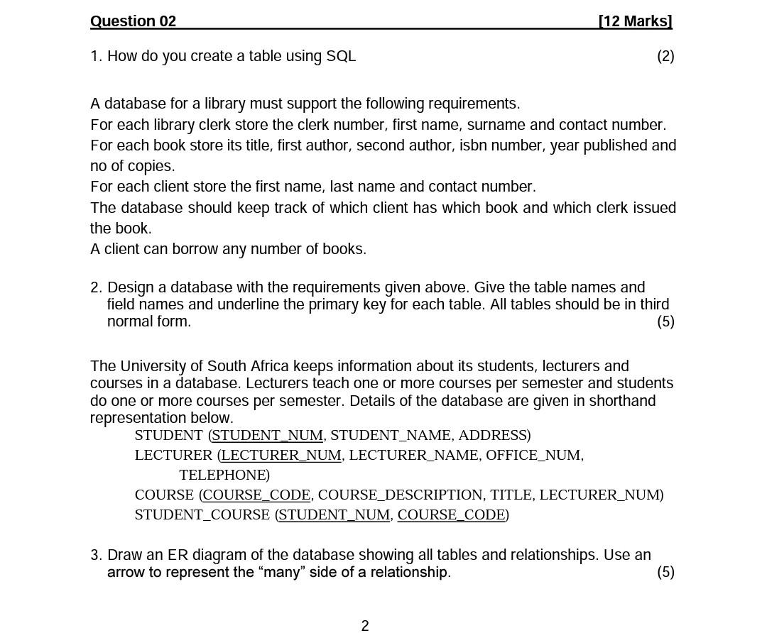 Solved Question 02 (12 Marks) 1. How do you create a table | Chegg.com