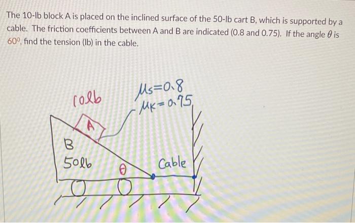 The 10 -lb block \( A \) is placed on the inclined surface of the \( 50-\mathrm{lb} \) cart \( B \), which is supported by a