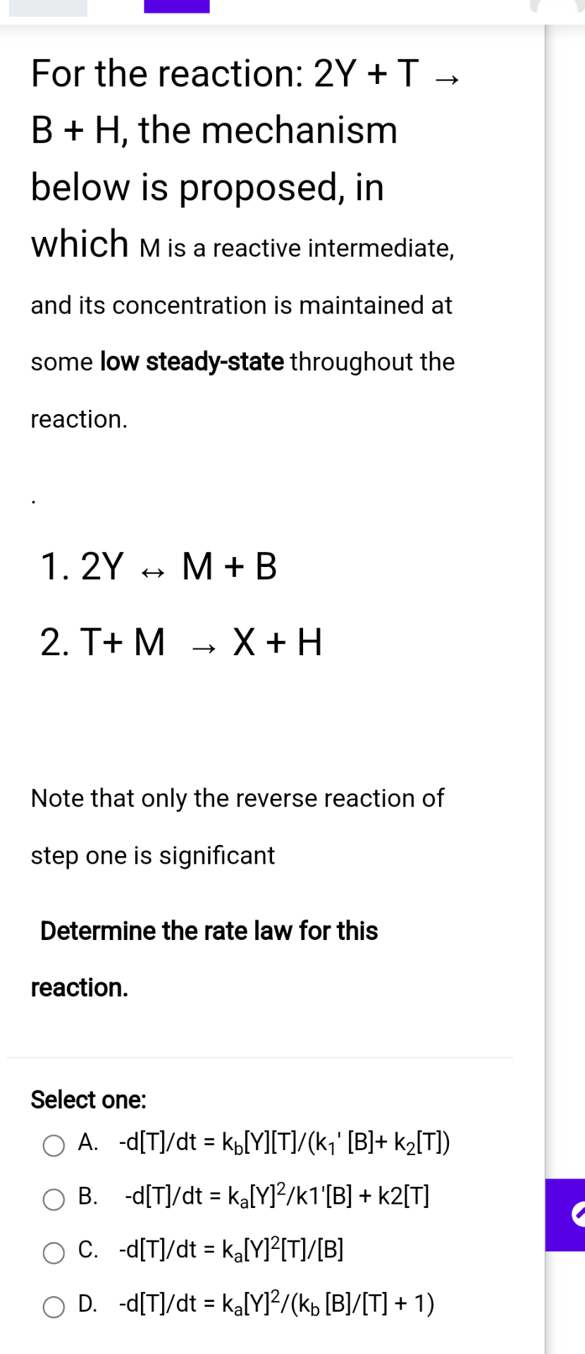 Solved For The Reaction: 2Y+T→ B+H, ﻿the Mechanism Below Is | Chegg.com