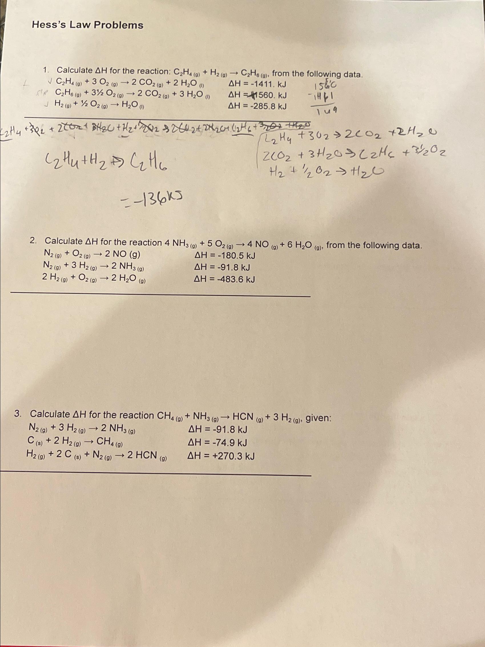 Solved Hess s Law ProblemsCalculate H for the reaction Chegg