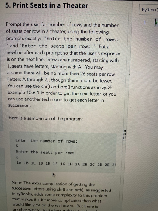 Solved 5. Print Seats in a Theater Python 1 11 Prompt the | Chegg.com