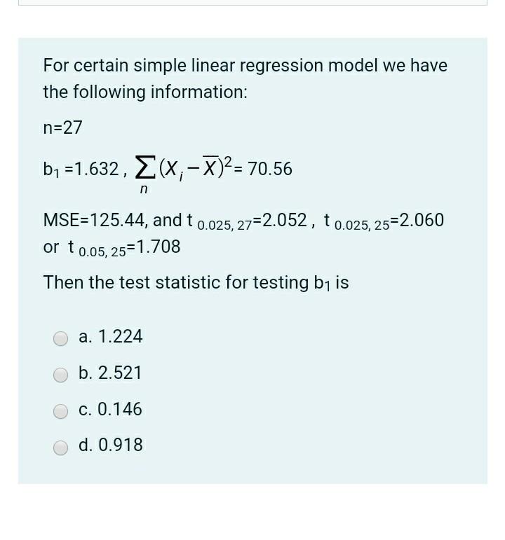 Solved For certain simple linear regression model we have | Chegg.com