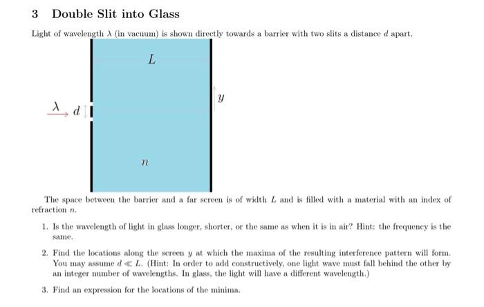 Solved 3 Double Slit into Glass Light of wavelength λ (in | Chegg.com