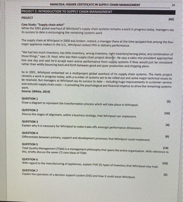 Solved MANCOSA HIGHER CERTIFICATE IN SUPPLY CHAIN