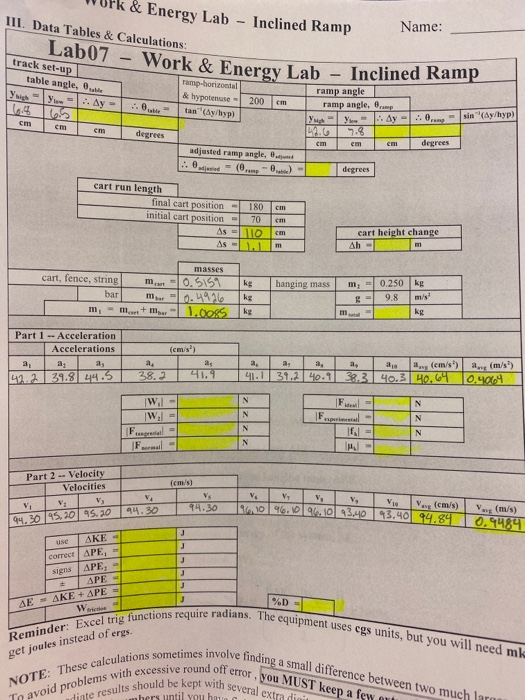 Solved & Energy Lab - Inclined Ramp III. Data Tables & | Chegg.com
