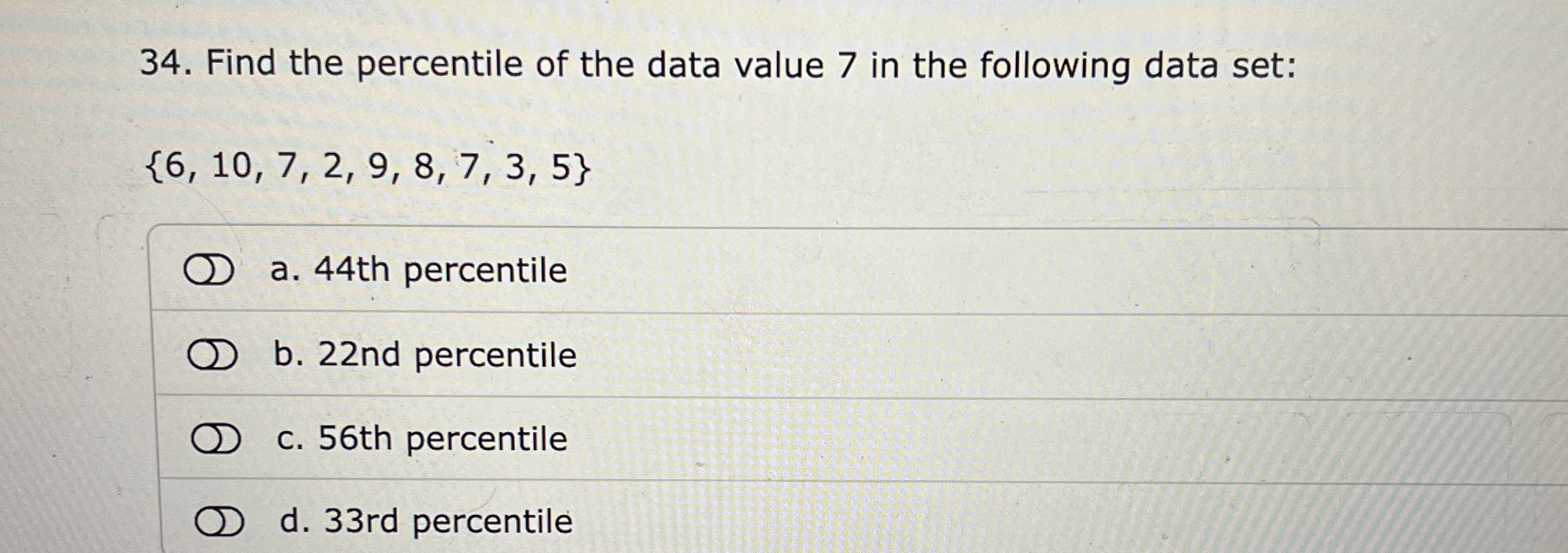Solved Find the percentile of the data value 7 ﻿in the | Chegg.com