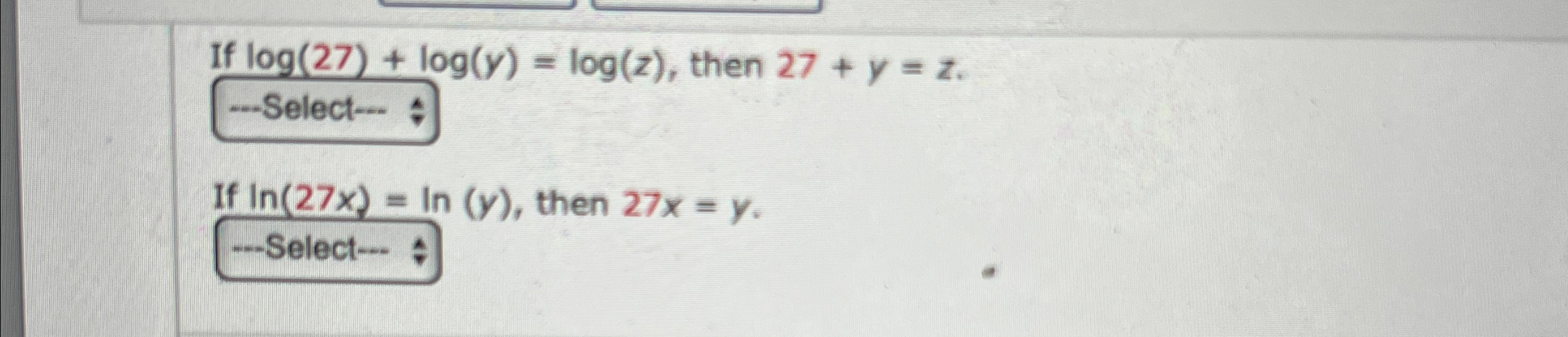 Solved If Log 27 Log Y Log Z ﻿then 27 Y Z Select →if