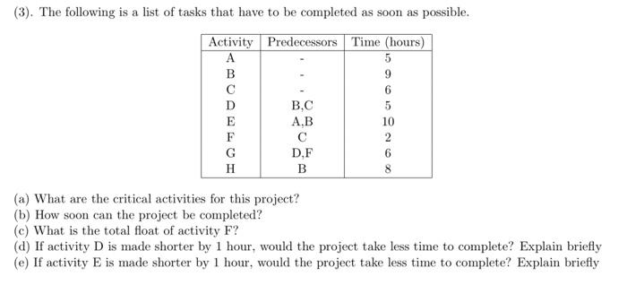 Solved (3). The Following Is A List Of Tasks That Have To Be | Chegg.com