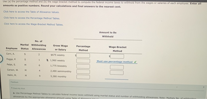 Solved To compute the tax using the percentage method, | Chegg.com