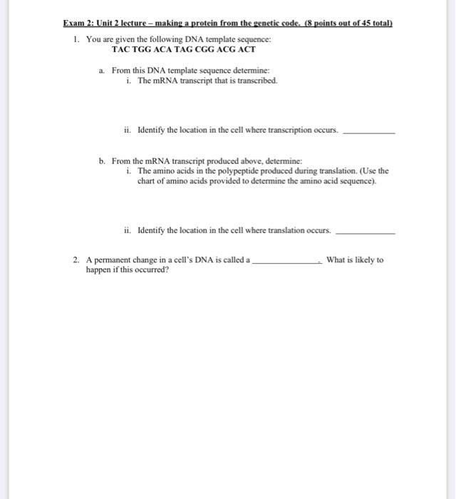 Solved Exam 2: Unit 2 lecture – making a protein from the | Chegg.com