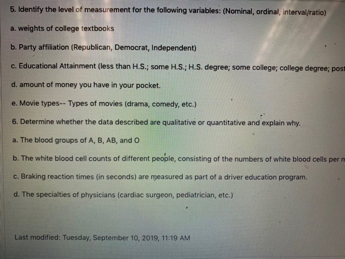 Solved 5. Identify the level of measurement for the