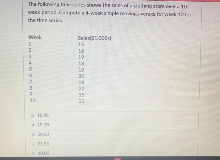 Solved The following time series shows the sales of a | Chegg.com