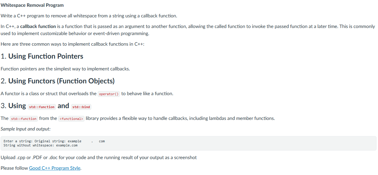 Solved Whitespace Removal Program Write a C++ program to | Chegg.com