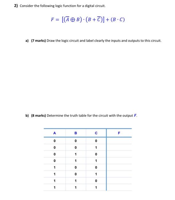 Solved 2) Consider The Following Logic Function For A | Chegg.com