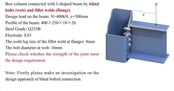 Box column connected with I-shaped beam by blind bolts (web) and fillet welds (flange).
Design load on the beam: \( \mathrm{N