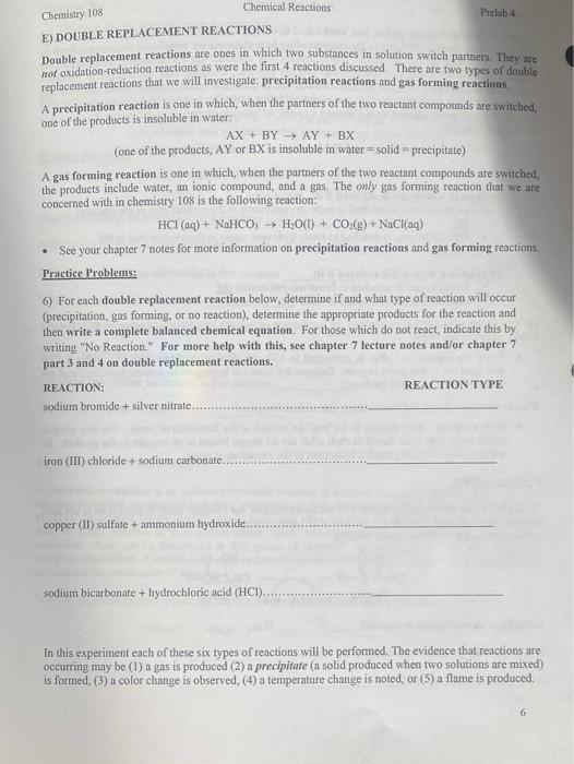 Solved Prelab 4 Chemistry 108 Chemical Reactions PreLab 4