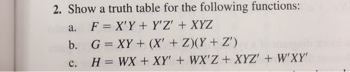 Solved 2. Show a truth table for the following functions: a. | Chegg.com