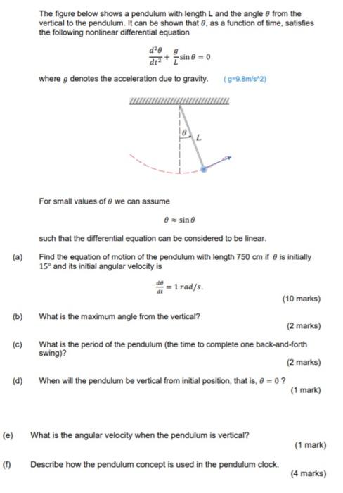 Solved The figure below shows a pendulum with length L and | Chegg.com