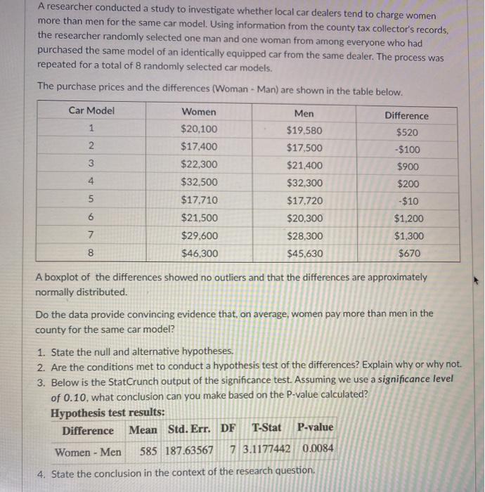 Solved A researcher conducted a study to investigate whether | Chegg.com