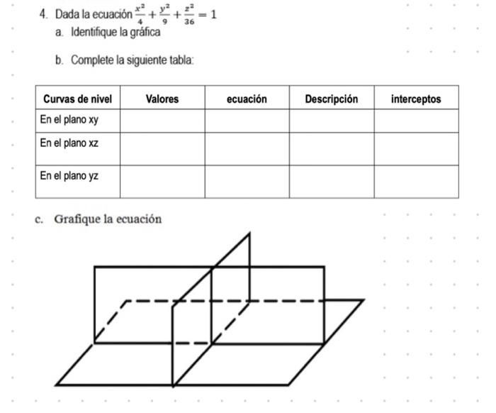 4. Dada la ecuación \( \frac{x^{2}}{4}+\frac{y^{2}}{9}+\frac{z^{2}}{36}=1 \) a. Identifique la gráfica b. Complete la siguien