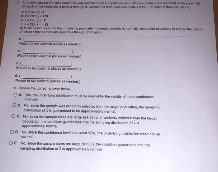 Solved 3. A random sample of n measurements was selected | Chegg.com