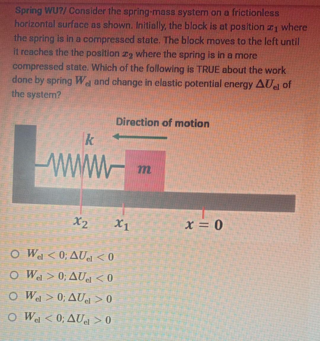 Spring WU?/ Consider the spring-mass system on a frictionless
horizontal surface as shown. Initially, the block is at positio