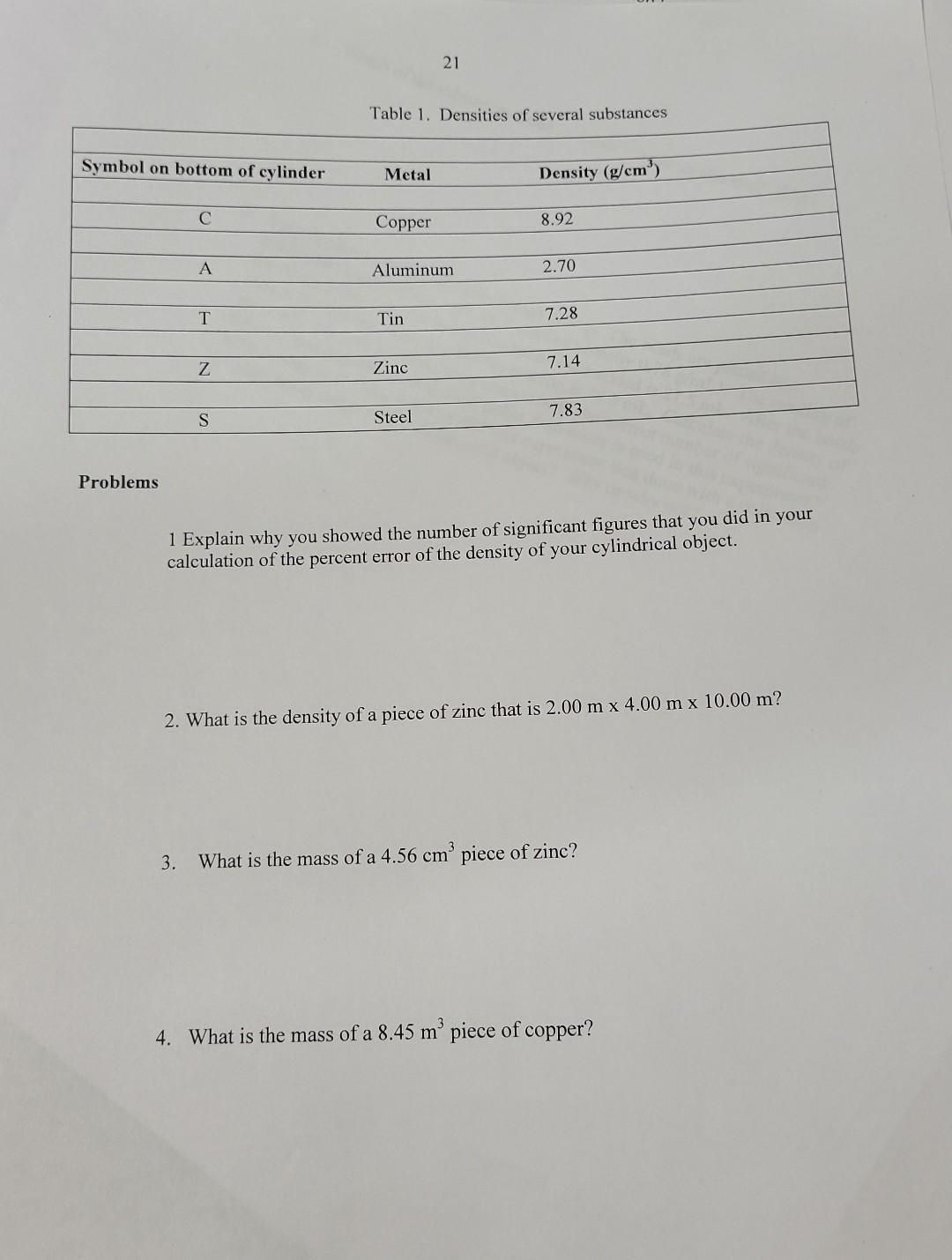 Solved EXPERIMENT FOUR EXPERIMENTAL DETERMINATION OF DENSITY