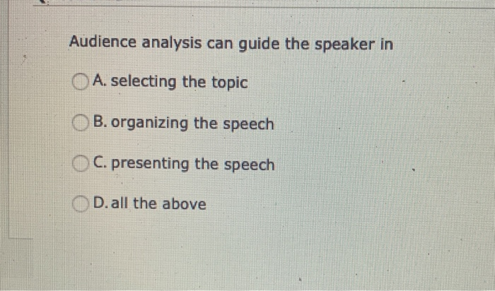 Solved Audience analysis can guide the speaker in A. | Chegg.com