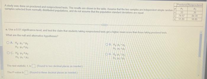 Solved A study was done on proctored and nonproctored tests | Chegg.com