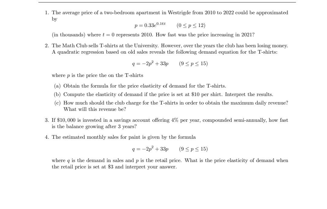 Solved 1. The average price of a twobedroom apartment in